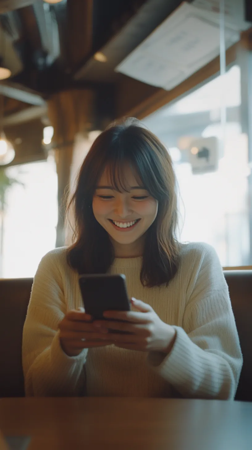カフェサイトで携帯サイトを見て笑顔になる女性の写真